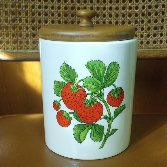 Other - Vintage Ceramic Strawberry Cookie Jar/ Canister w/ Wood Lid. Cream Red Green